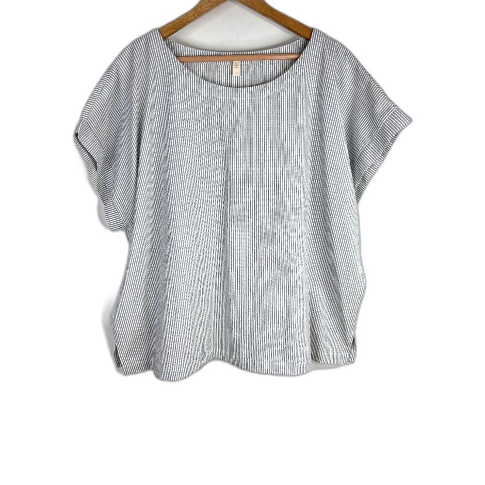 Eileen Fisher Blue and White Striped Boxy Scoop Neck Top